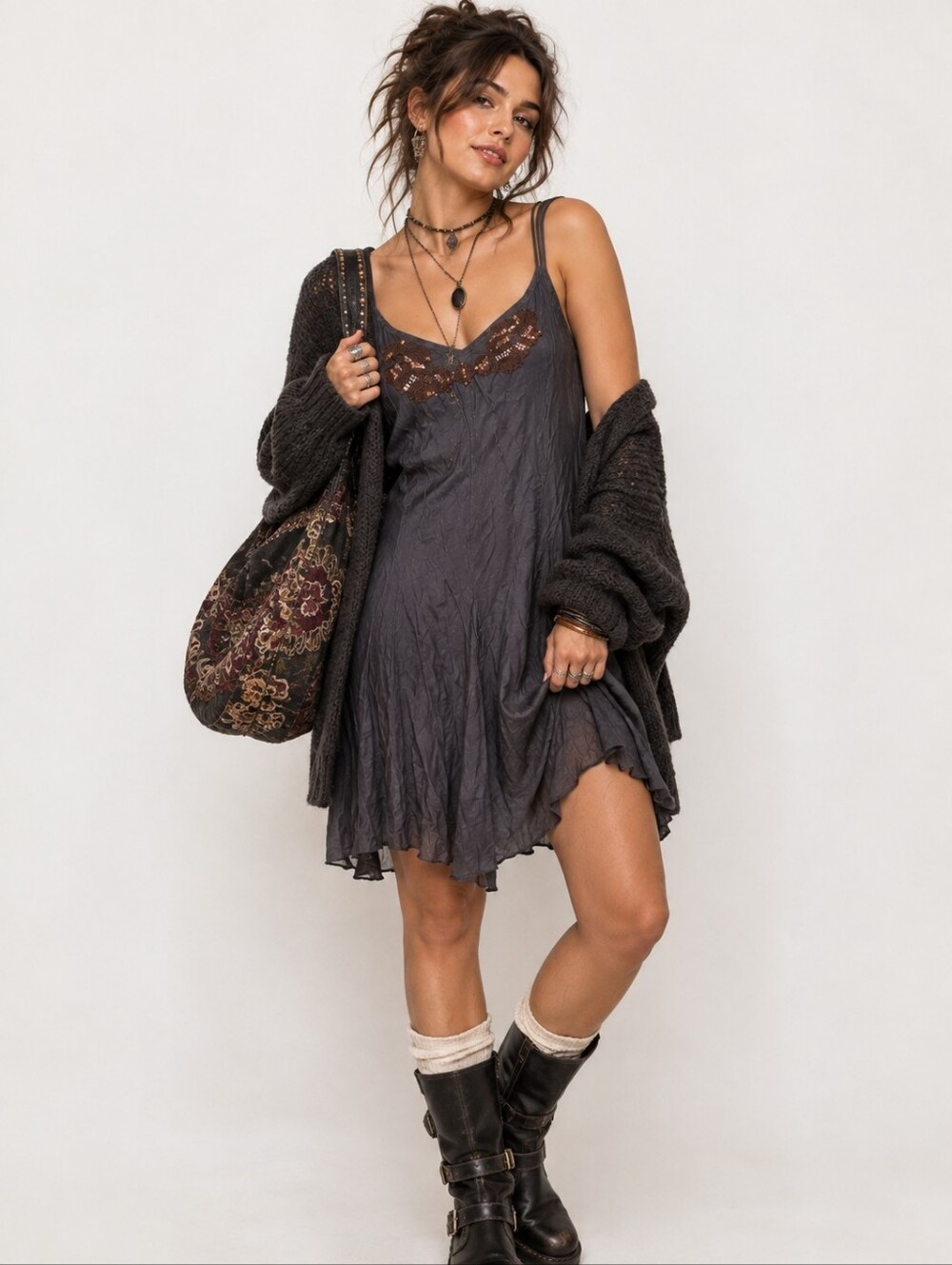 Two of Us Slip Dress M Charcoal Gray Embellished Beaded Strappy Boho Y2K